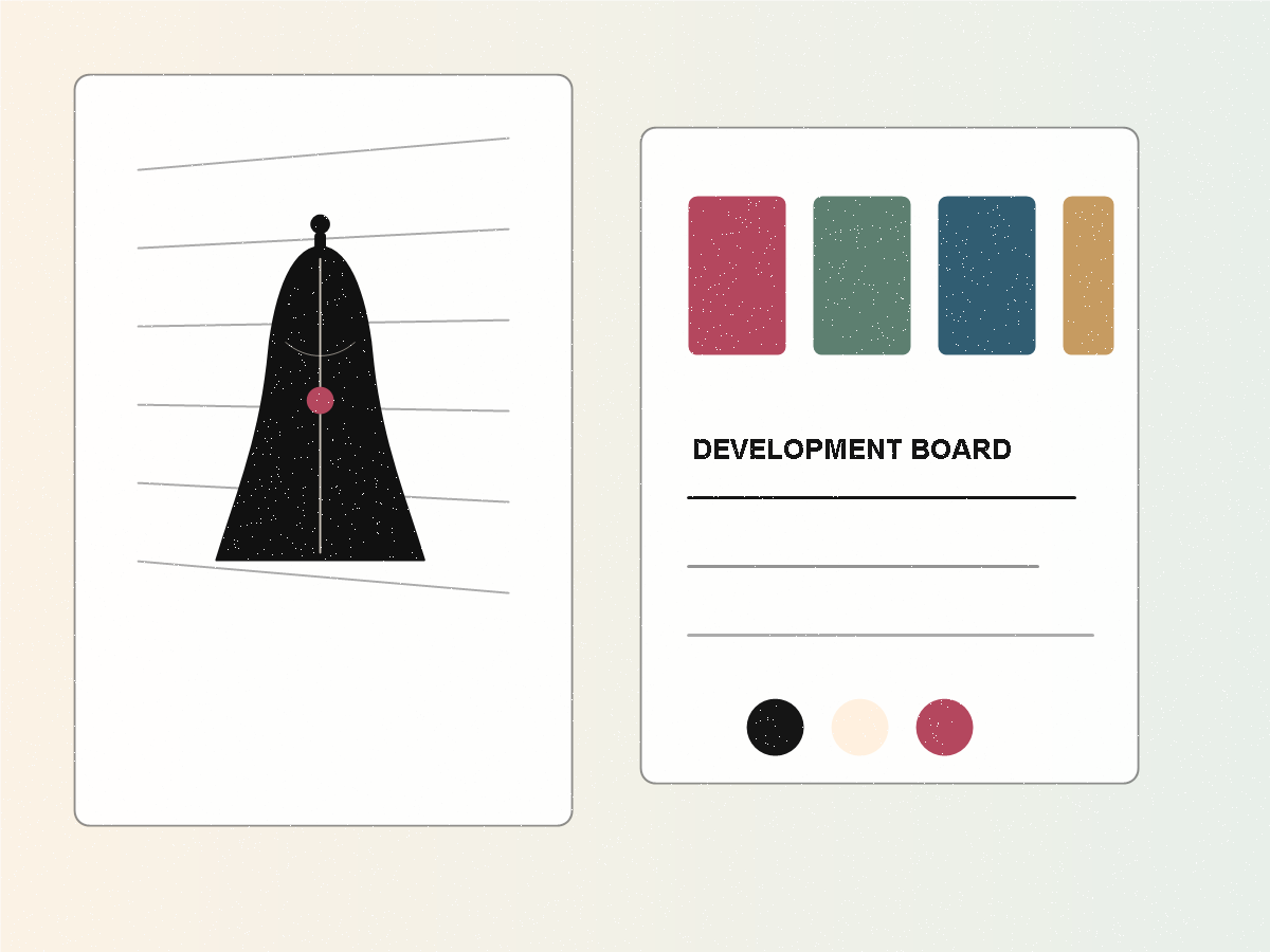 Fashion development board with garment sketch, fabric swatches, and specification notes