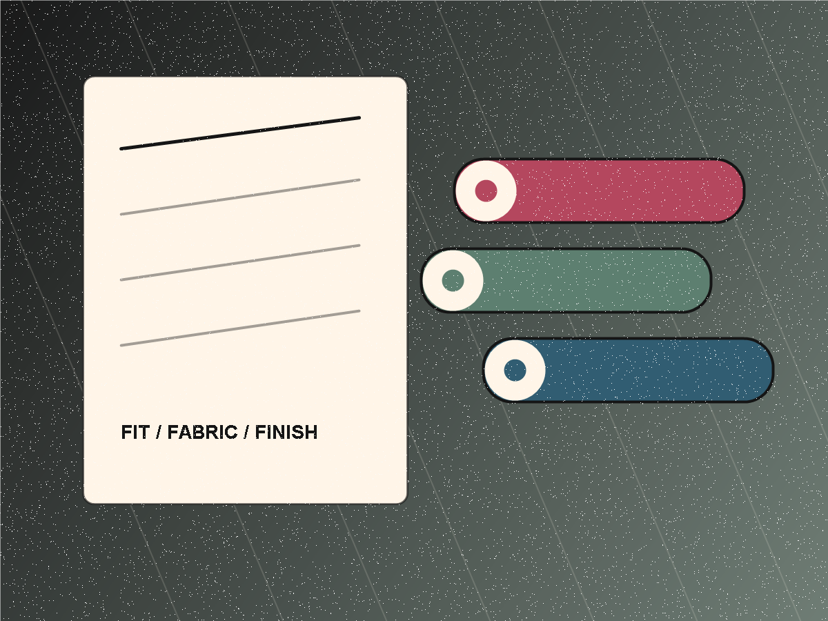 Fabric rolls, quality notes, and fit development details